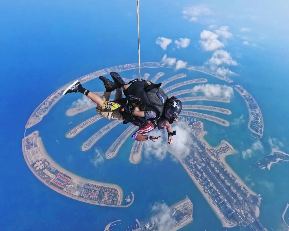 Skydiving in tandem, high above the Palm Jumeirah in Dubai